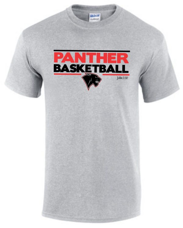 Heart For Christ Basketball T shirt G8000 with "panther basketball" and a panther logo on the chest, and a biblical reference, "john 3:30.