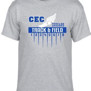 CEC Track Sport gray T shirt G8000 with "cec cougars track & field" printed in blue with a wing graphic and track lanes numbered 1-8.