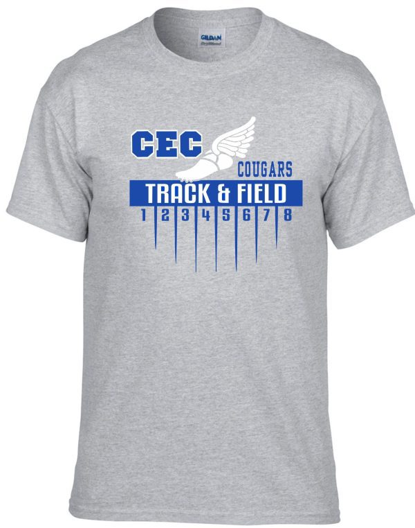 CEC Track Sport gray T shirt G8000 with "cec cougars track & field" printed in blue with a wing graphic and track lanes numbered 1-8.