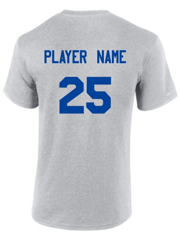 CEC Girls Basketball Ball design Sport Gray G8000 t-shirt with "player name" and the number "25" printed in blue on the back.