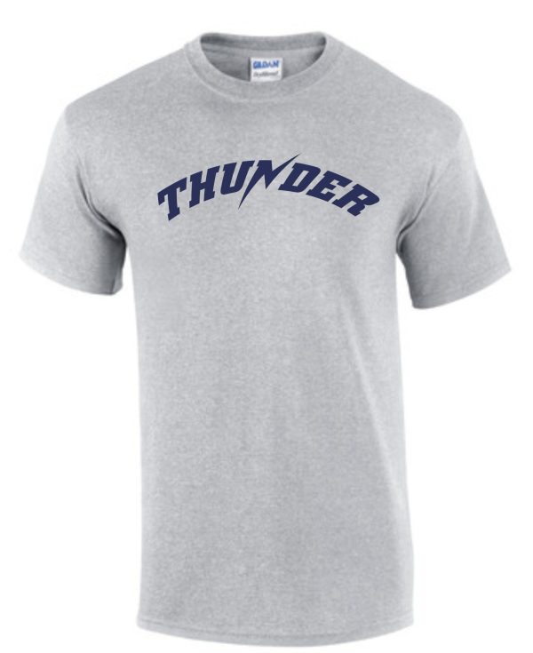 Thunder Baseball 50/50 blend T shirt with the word "thunder" in blue arched text across the chest.