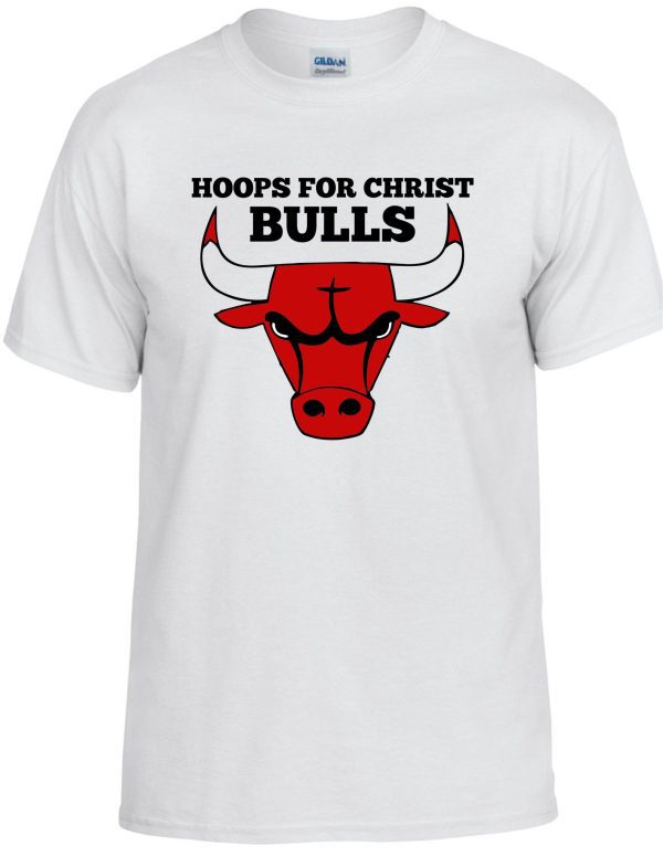 White Hoops For Christ Basketball Bulls T shirt G8000 featuring a stylized red bull's head.