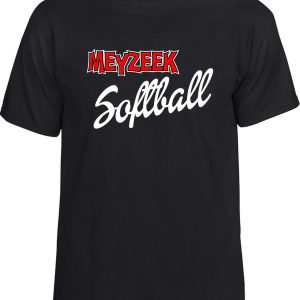 Meyzeek Softball 50/50 poly cotton blend t-shirt G8000 with "meyzeek softball" text in red and white on the front.