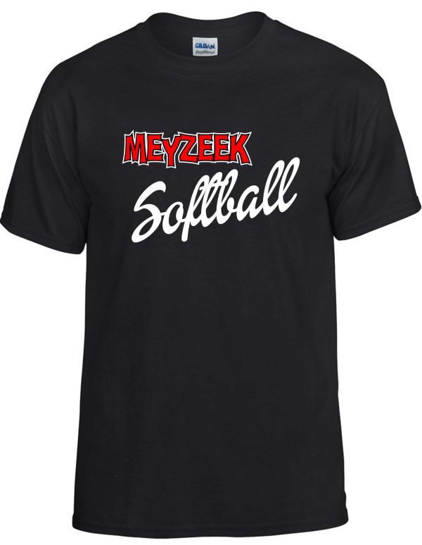 Meyzeek Softball 50/50 poly cotton blend t-shirt G8000 with "meyzeek softball" text in red and white on the front.