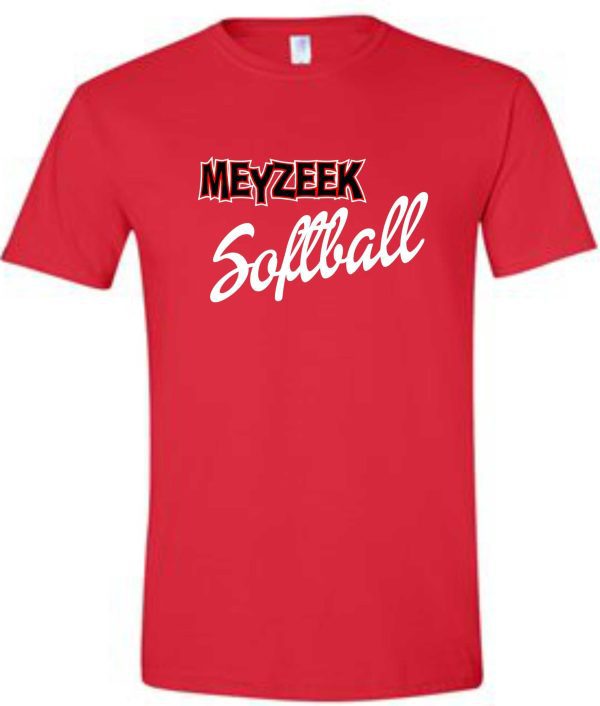 A red Meyzeek Softball 50/50 poly cotton blend t-shirt G8000 with the words "mezeek softball" printed in bold white font on the front.