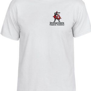 Immaculata White T-shirt with the "immaculata classical academy" logo featuring a knight on horseback printed on the chest.