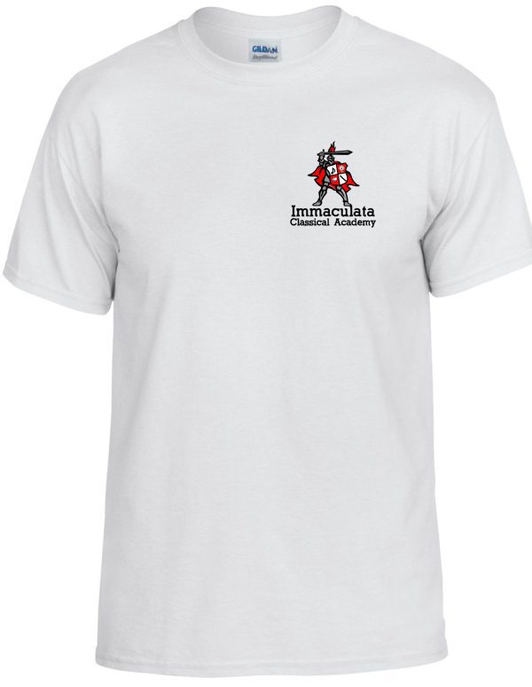 Immaculata White T-shirt with the "immaculata classical academy" logo featuring a knight on horseback printed on the chest.