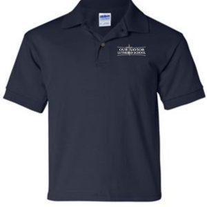 OSLS embroidered navy school polo 8800 with "our savior lutheran school" embroidered on the left chest, displayed on a plain background.