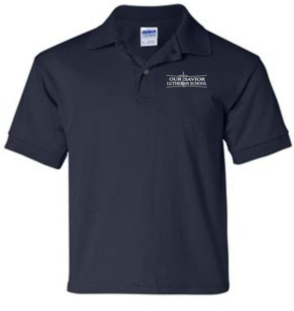 OSLS embroidered navy school polo 8800 with "our savior lutheran school" embroidered on the left chest, displayed on a plain background.