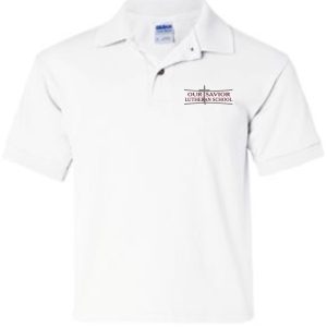 OSLS embroidered white school polo 8800 with "our savior lutheran school" logo embroidered on the left chest.