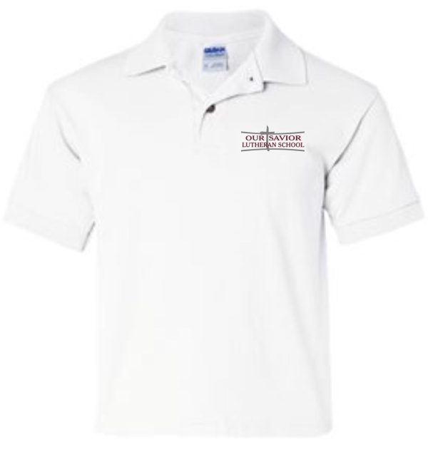 OSLS embroidered white school polo 8800 with "our savior lutheran school" logo embroidered on the left chest.