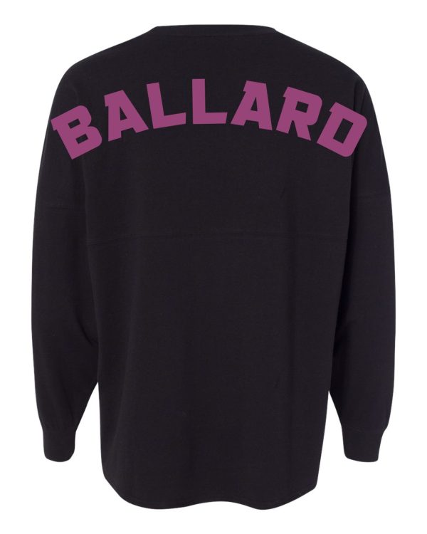 Black long-sleeve shirt with the word "Ballard Volleyball spirit Game Day Jersey 22328" printed in pink on the back.