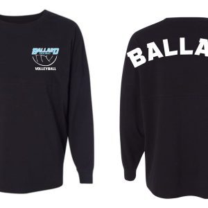 Two views of a black long-sleeve Ballard Volleyball spirit Game Day Jersey 22328 with a "ballard volleyball" logo on the front and "ballard" text across the back.