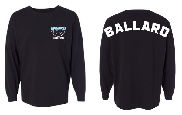 Two views of a black long-sleeve Ballard Volleyball spirit Game Day Jersey 22328 with a "ballard volleyball" logo on the front and "ballard" text across the back.