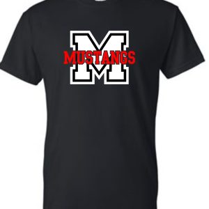 SMMSS Gildan M Mustangs 50/50 cotton t shirt G8000 with a large white and red "mustangs" logo centered on the chest.