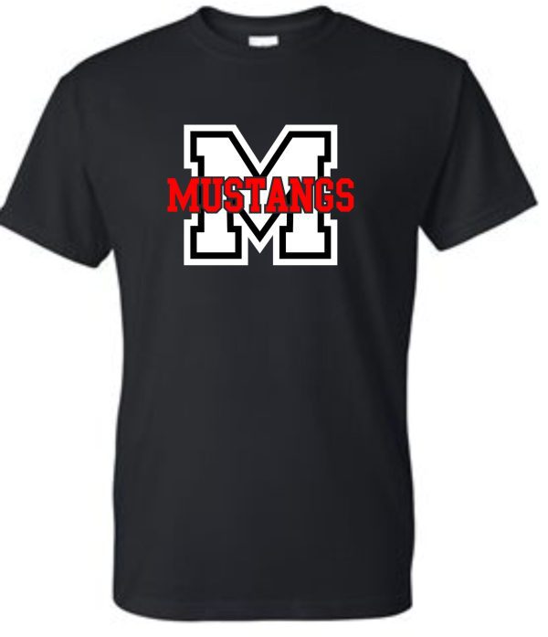 SMMSS Gildan M Mustangs 50/50 cotton t shirt G8000 with a large white and red "mustangs" logo centered on the chest.