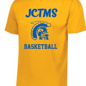 Yellow JCTMS Centurion Gold Royal T shirt G8000 with "jctms basketball" printed in blue, featuring a graphic of a blue horse head logo.