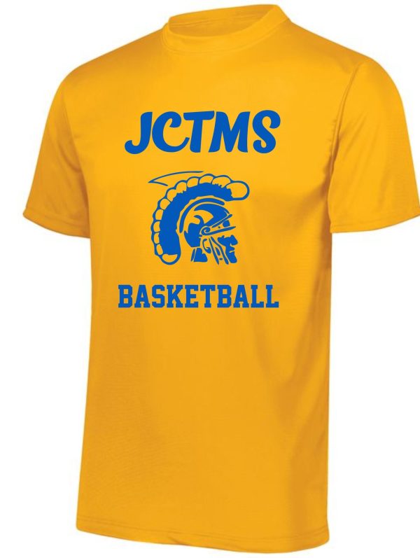 Yellow JCTMS Centurion Gold Royal T shirt G8000 with "jctms basketball" printed in blue, featuring a graphic of a blue horse head logo.