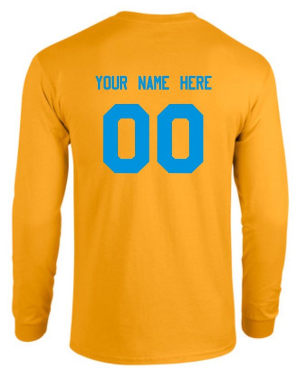 Long-sleeve yellow Ascension Spirit Property of Crewneck sweatshirt with blue text "your name here" and number "00" on the back.