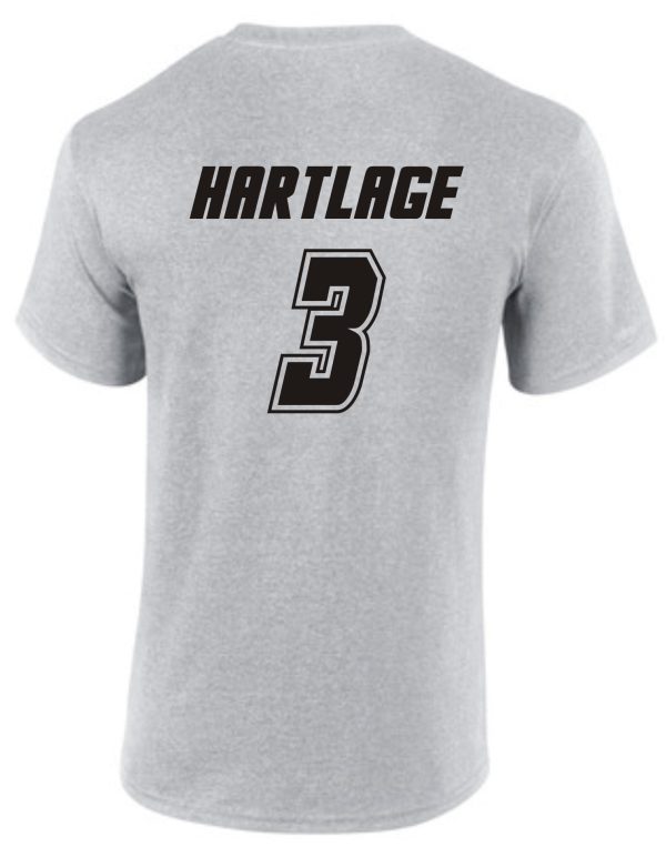 Louisville Tigers Basketball Silver Moisture wick Tshirt PC380 with the word "hartlace" and the number "3" printed in black on the back.