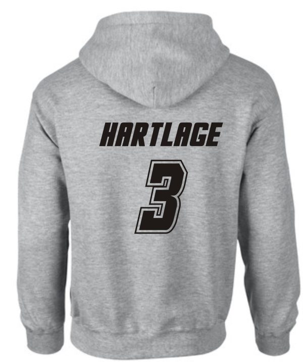 Back view of a LCHE Tigers Sport Gray Hooded sweatshirt G185 with the name "hartlage" and number "3" printed in black.