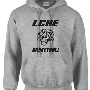 LCHE Tigers Sport Gray Hooded sweatshirt G185 with the text "lche basketball" and a graphic of a tiger's face on the front.