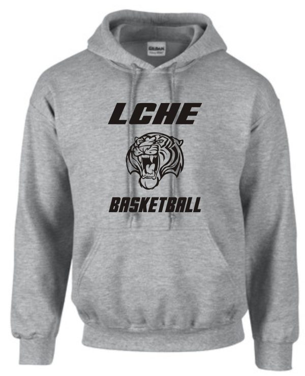 LCHE Tigers Sport Gray Hooded sweatshirt G185 with the text "lche basketball" and a graphic of a tiger's face on the front.