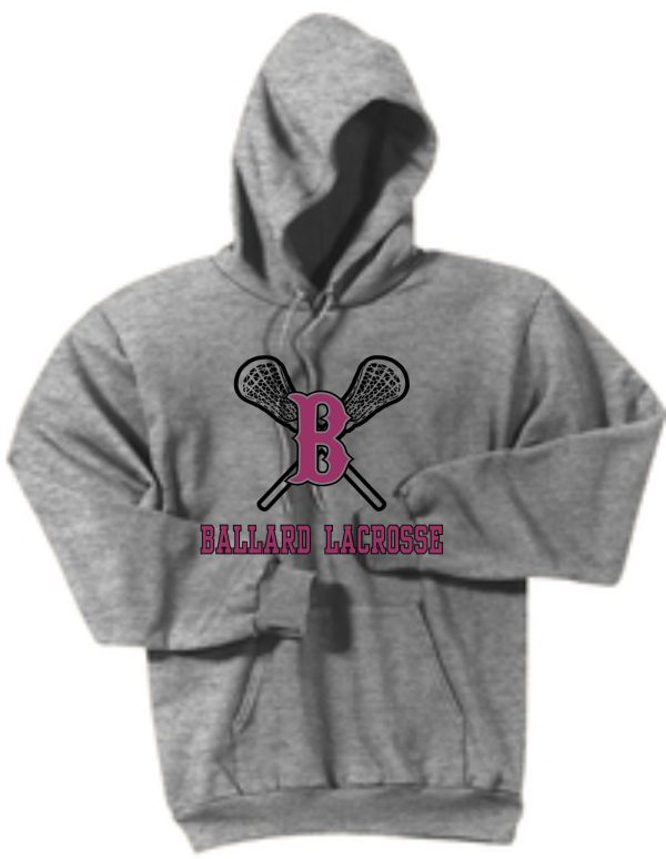 Gray hoodie with a "Ballard FULL FRONT LACROSSE" logo featuring crossed lacrosse sticks and the letter "b" in a circle.