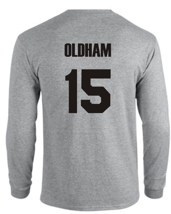 Grey long-sleeve shirt with Oldham 15.