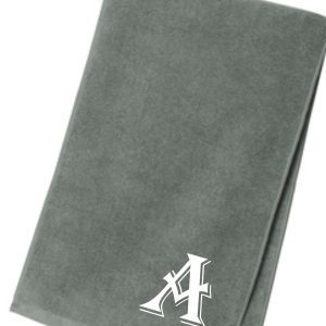 Grey towel with white letter A monogram.