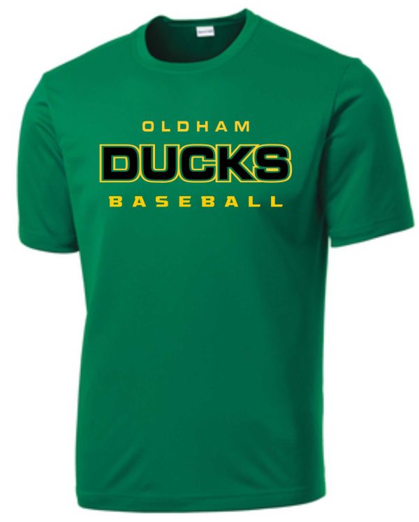 Green Oldham Ducks baseball jersey.