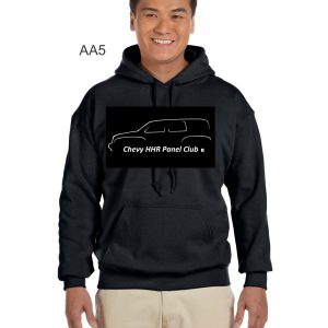 A man smiles while wearing a black Chevy HHR AA5 Hoodie with the "chevy hhr panel club" logo on the front.