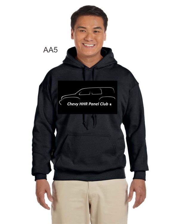 A man smiles while wearing a black Chevy HHR AA5 Hoodie with the "chevy hhr panel club" logo on the front.