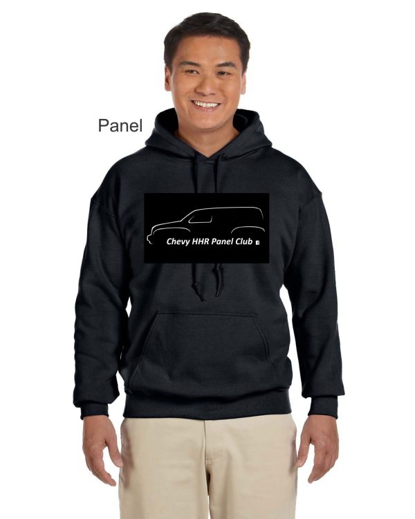 A man smiling, wearing a Chevy HHR Panel Hoodie with the logo on the front.