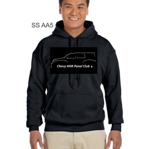 Man smiling, wearing a Chevy HHR SS AA5 Hoodie with the "chevy hhr panel club" logo on the front, standing against a neutral background.