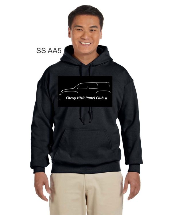 Man smiling, wearing a Chevy HHR SS AA5 Hoodie with the "chevy hhr panel club" logo on the front, standing against a neutral background.