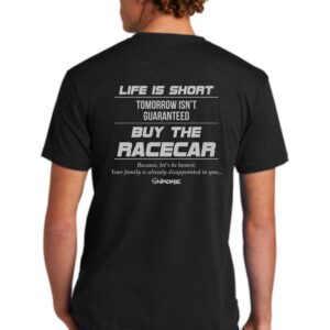 Man wearing a black t-shirt with a racing slogan.