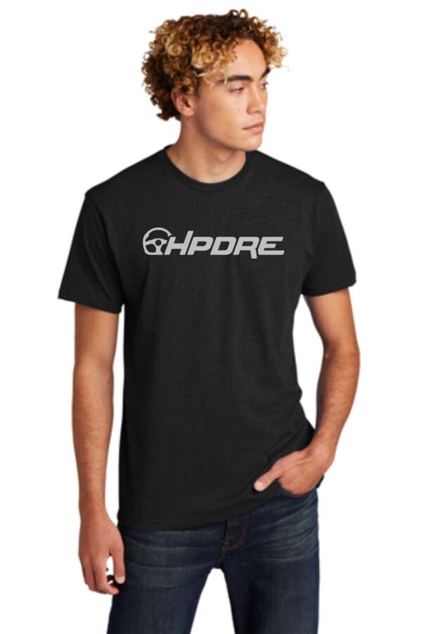 Man wearing black t-shirt with HPDE logo.