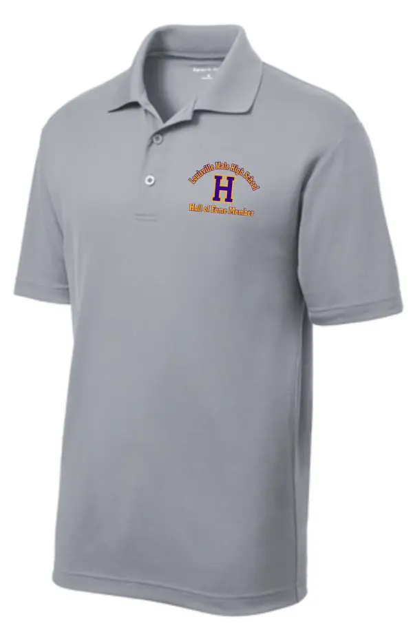 Gray polo shirt with Louisville Male High School Hall of Fame member logo.