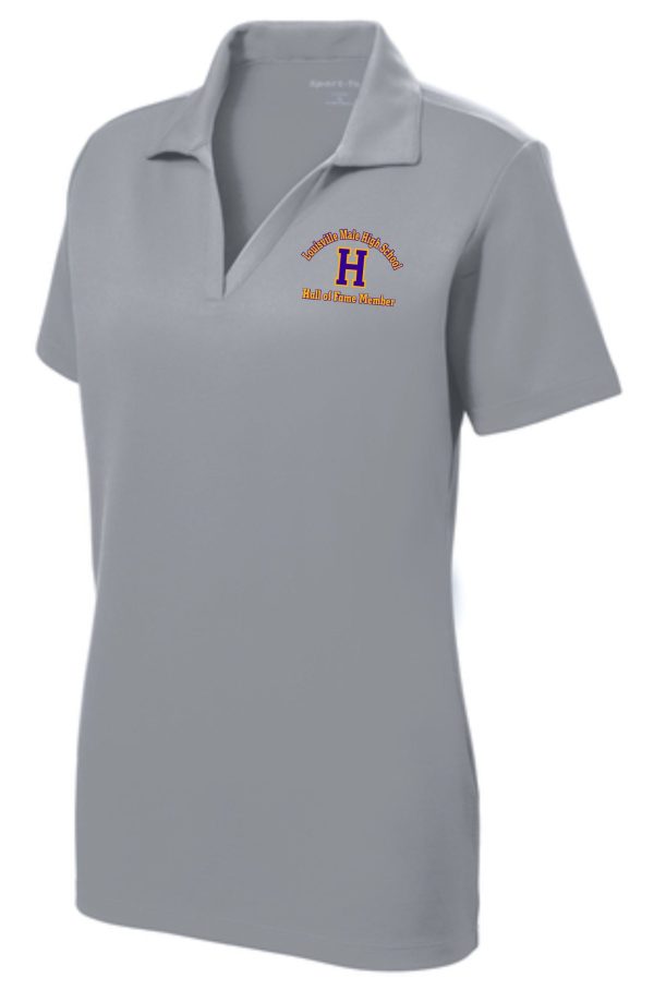 Gray women's polo shirt with Hall of Fame logo.