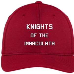 Immaculata Red hat embroidered STC-22 with the text "knights of the immaculata" in white capital letters on the front.