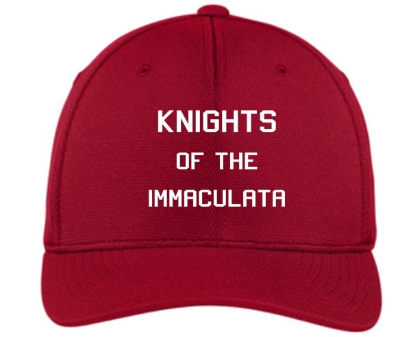 Immaculata Red hat embroidered STC-22 with the text "knights of the immaculata" in white capital letters on the front.