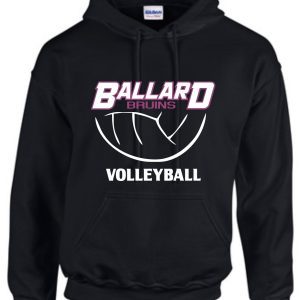 Ballard Volleyball spirit Bruins Hoodie G185 with "ballard bruins volleyball" text and a curved line graphic in white and purple on the front.