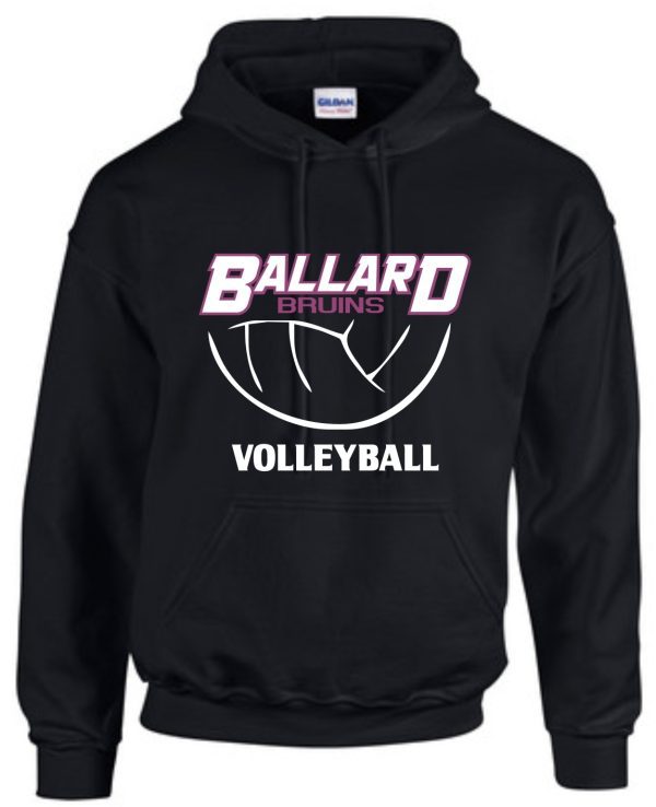 Ballard Volleyball spirit Bruins Hoodie G185 with "ballard bruins volleyball" text and a curved line graphic in white and purple on the front.