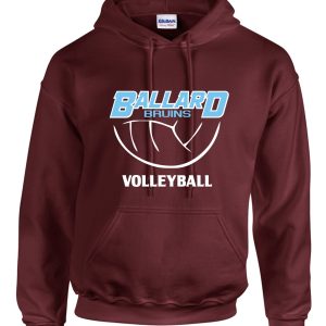 Maroon Ballard Volleyball spirit Bruins Hoodie G185 with "ballard bruins volleyball" printed in blue and white on the front.