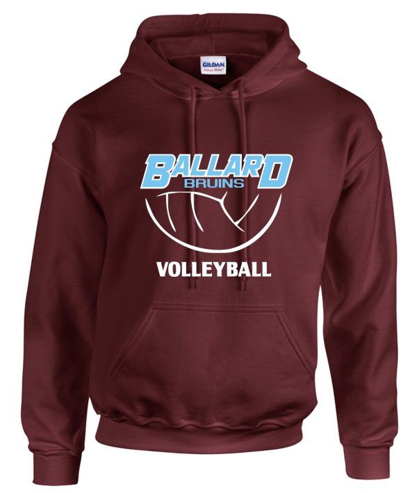 Maroon Ballard Volleyball spirit Bruins Hoodie G185 with "ballard bruins volleyball" printed in blue and white on the front.