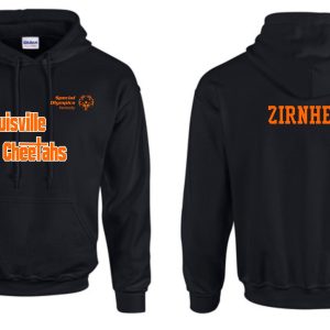 Louisville Cheetahs Black Hoodie with "louisville cheetahs" and a logo on the front, and "zirnheld" on the back, displayed from both front and back views.
