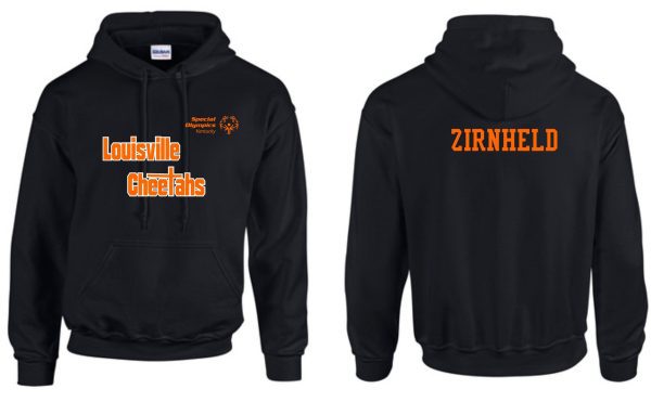 Louisville Cheetahs Black Hoodie with "louisville cheetahs" and a logo on the front, and "zirnheld" on the back, displayed from both front and back views.