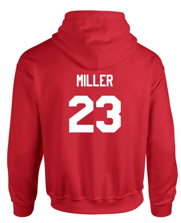 2021 OCYFL Bandits Red Hooded sweatshirt G185 with a hood, featuring the name "miller" and the number "23" printed in white on the back.