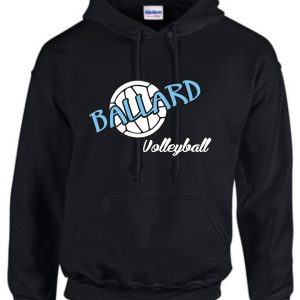 Ballard Volleyball Hoodie with ball G185 with "ballard volleyball" printed in blue and white across a volleyball graphic on the front.